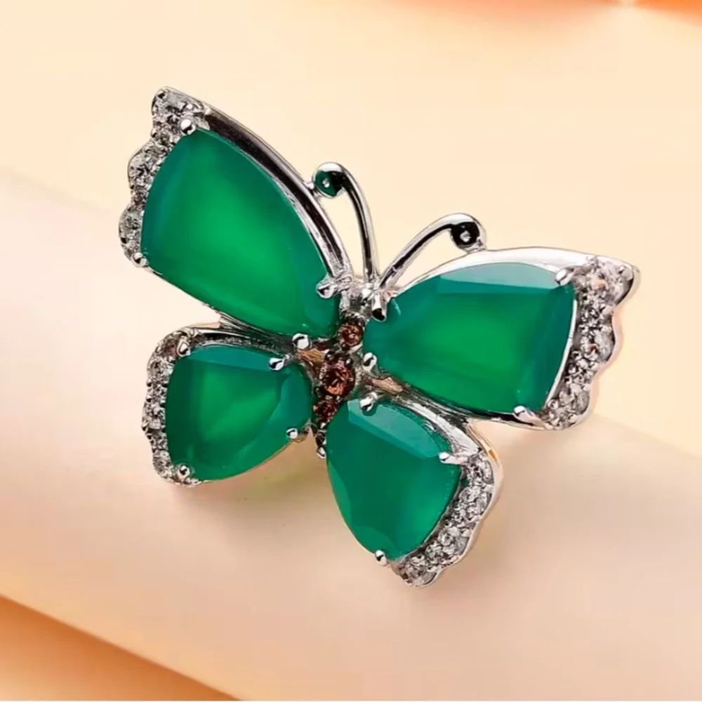 Verde Onyx, Brown and White Zircon 12.65 ctw Butterfly Ring